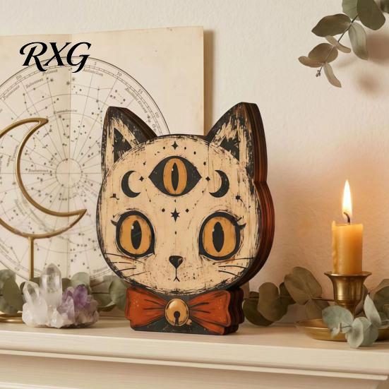 Artistic Home Office Decor Halloween Wooden Ornaments, Distressed Pumpkin/Cat Decorations, Desktop & Wall Modern Retro Desk Display Decors for Autumn
