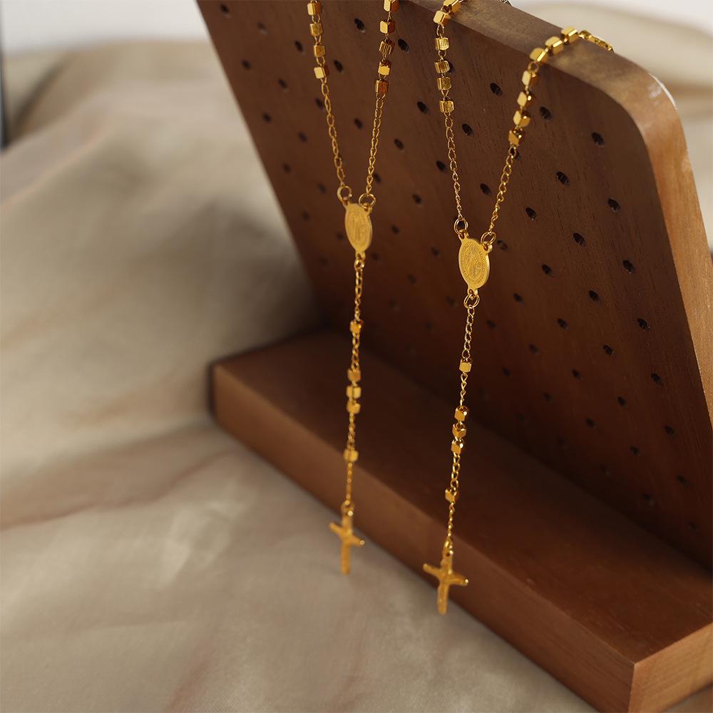 Retro British Jewelry: Oval Portrait Plate Tassel Cross Pendant On Titanium Steel Sweater Chain