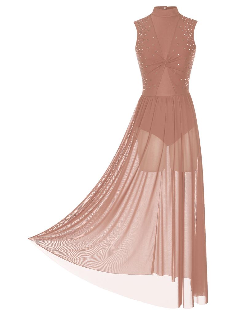 Women Long Dress Lyrical Modern Dance Sleeveless Open Back Twist Sheer Mesh Overlay Leotard Praise Liturgical Dancewear