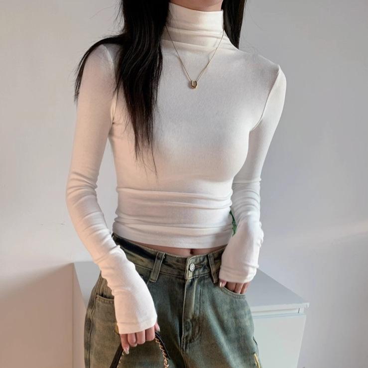 Женская ретро-футболка с длинным рукавом и воротником-гольф в рубчик для осени/зимы