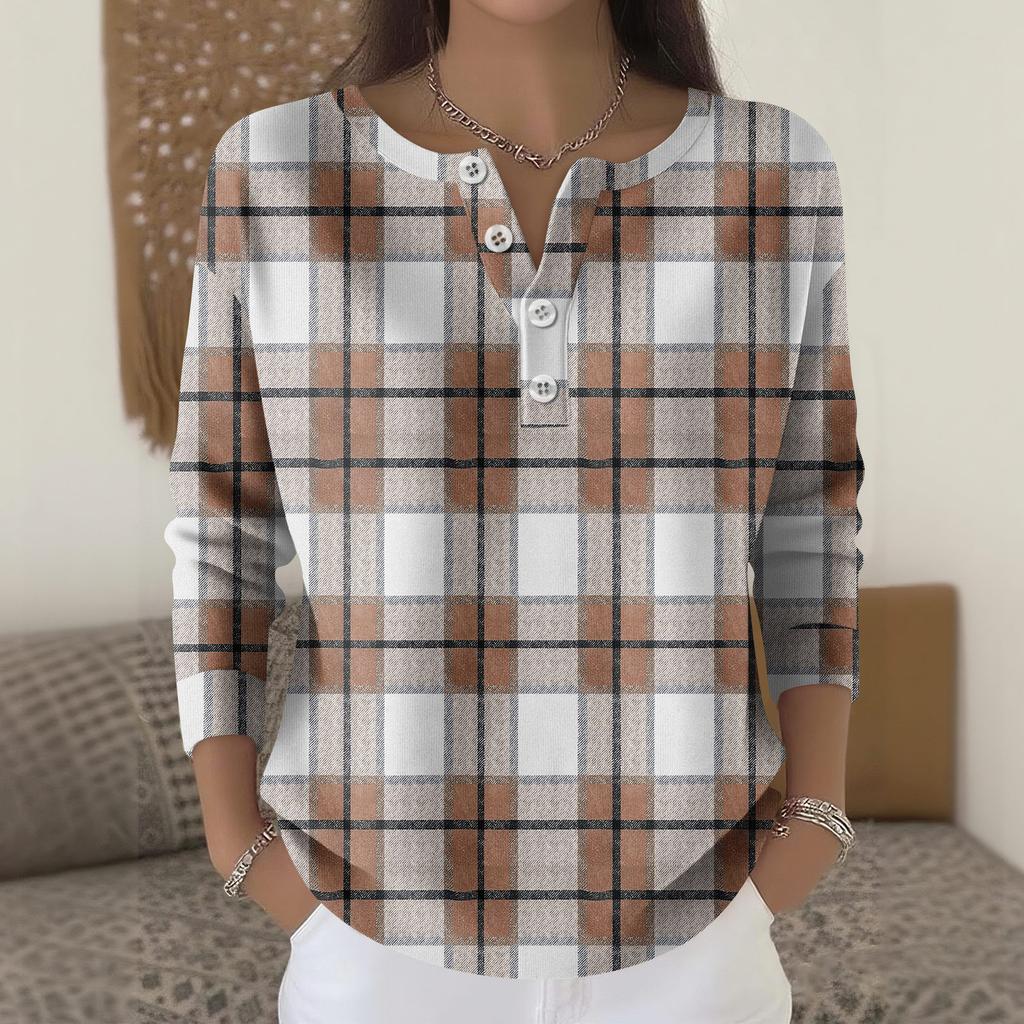 Women's Fashion Long Sleeve Plaid Geometric Print Top Elegant Casual Top