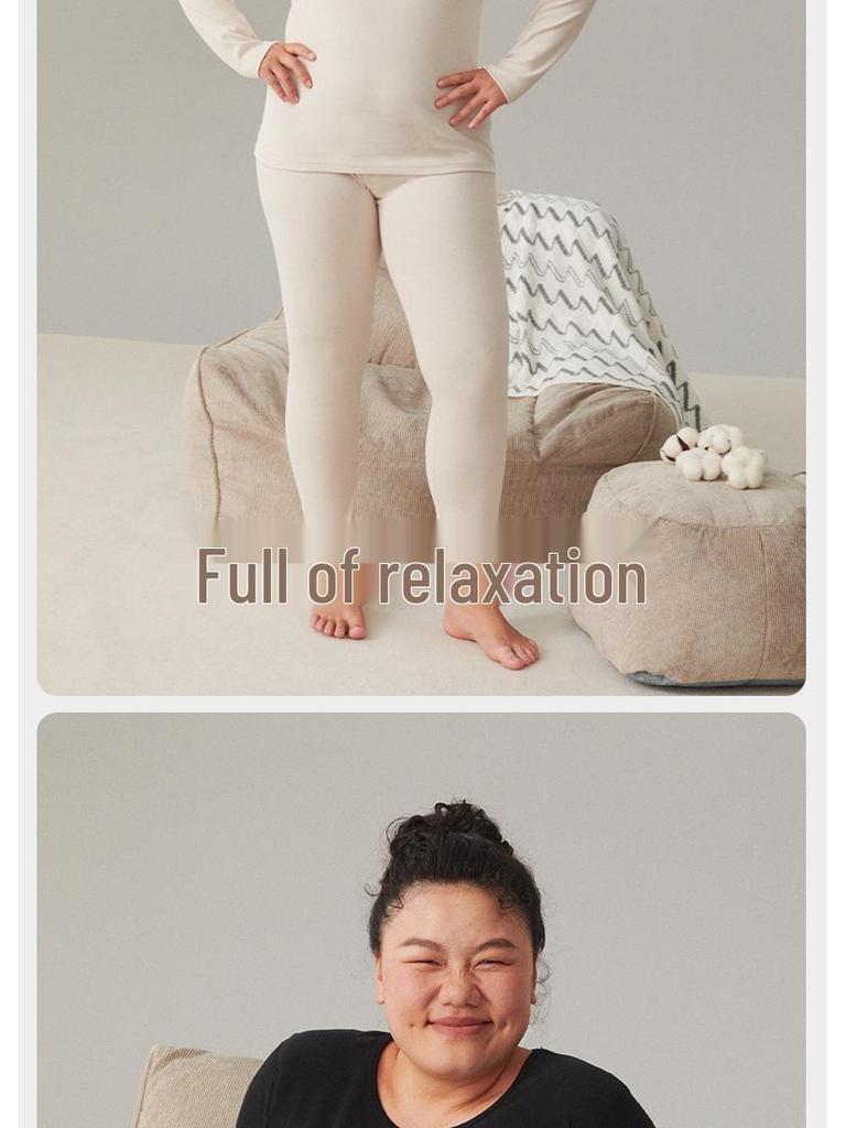 Женский комплект термобелья большого размера из двухсторонней фланели - Чистый хлопок, Толстый базовый слой с круглым вырезом для осени и зимы