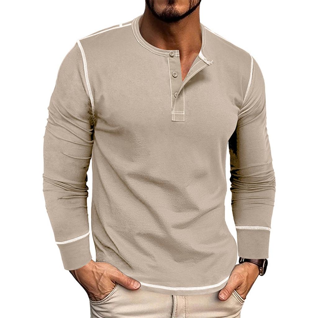Men's Long Sleeve Shirt Men's Round Neck Button T-Shirt Color Block Top