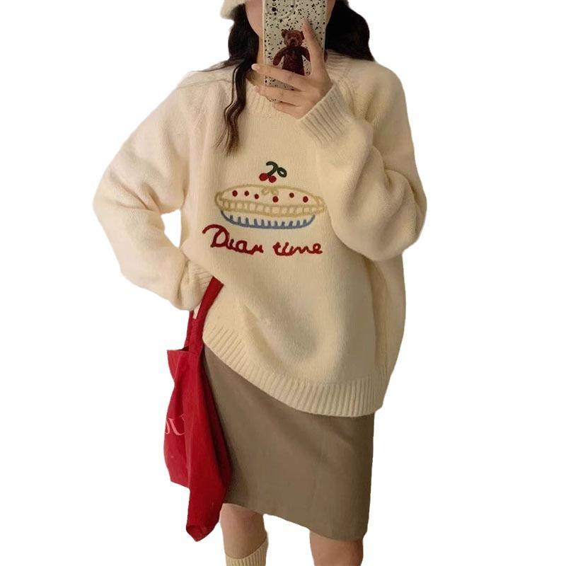 Милый вышитый свитер-пуловер женский осенне-зимний карамельный цвет круглый вырез свободный вязаный свитер топ в стиле колледжа