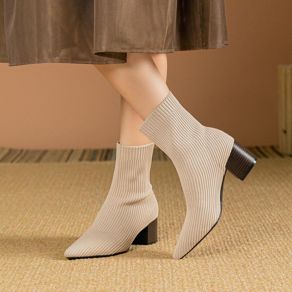 Женские вязаные зимние ботинки большого размера с острым носком, повседневные короткие, на толстой подошве, мягкие, эластичные, ботинки Martin, рыцарские туфли 34-43