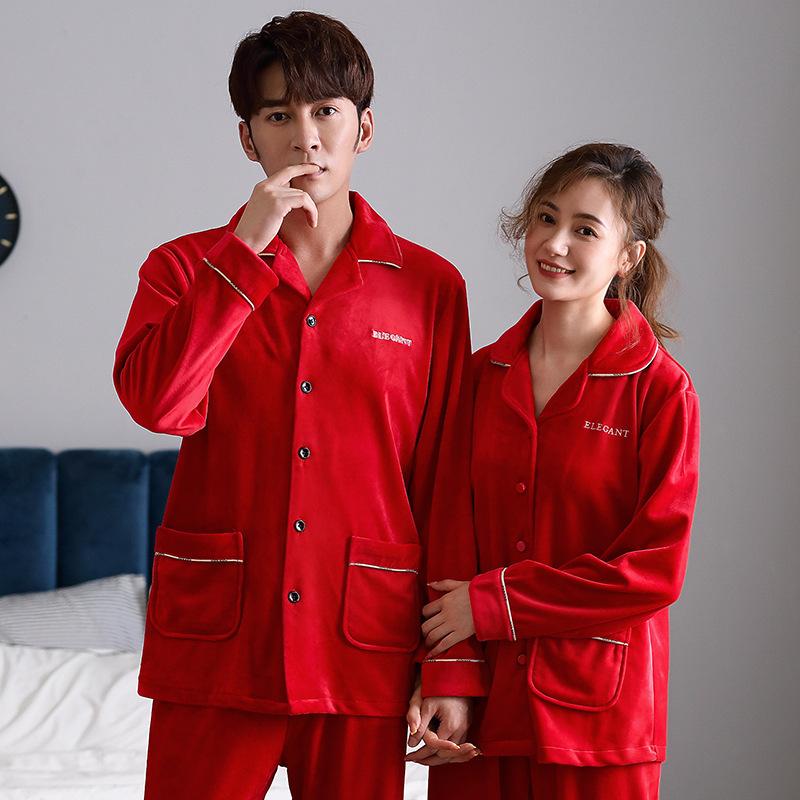 Осень И Зима Островной Вельвет Большой Красный Парный Комплект Пижам Женский Теплый И Вельветовый Свадебный Праздничный Домашний Костюм Мужской Костюм