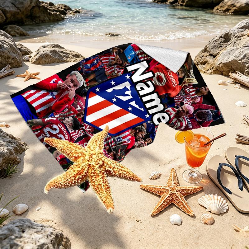Custom Name Personalized Atletico Madrid Print Beach Towel, for Trip Camping Beach Party Home Decor, Birthday Gift for Family & Friends
