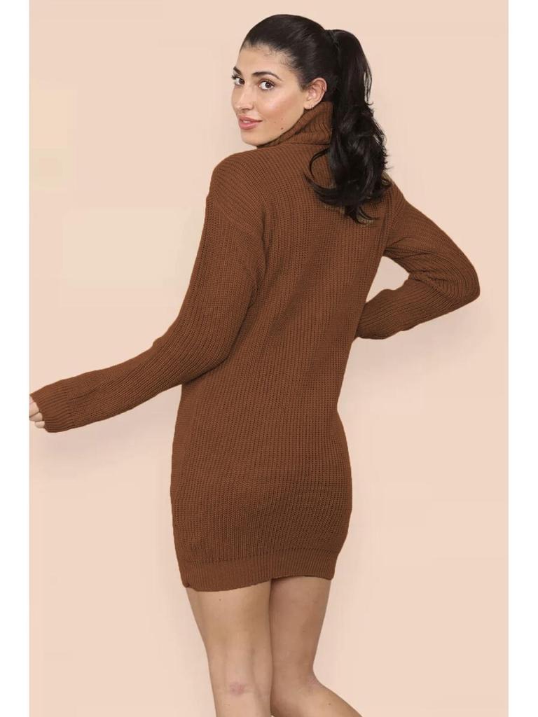 Women's Knitted Turn-Down Collar Sweater Dress - Loose Mid-Length Solid Color Pullover