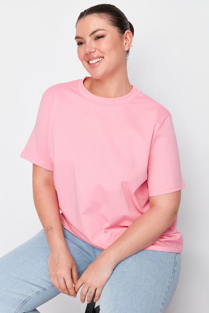 Women's Style Plus Size White Navy Blue Ribbed Collar Boyfriend Knitted T-shirt