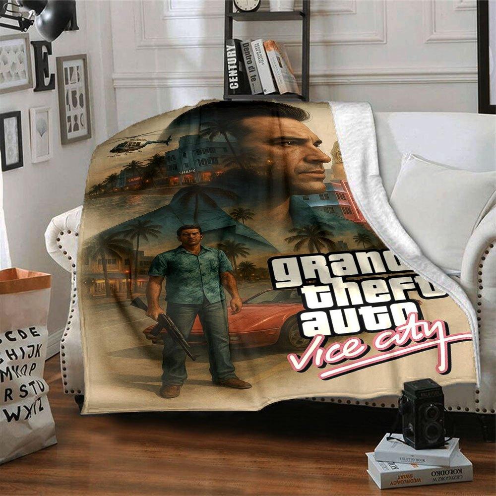 1 шт. Мягкое фланелевое одеяло Grand Theft Auto с дизайнерским принтом. Уютное одеяло для всех сезонов, идеально подходит для дивана, кровати, офиса