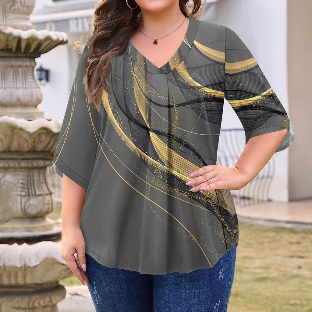 Women's Fashion Large Size Printed V-Neck Three-quarter Sleeve Top