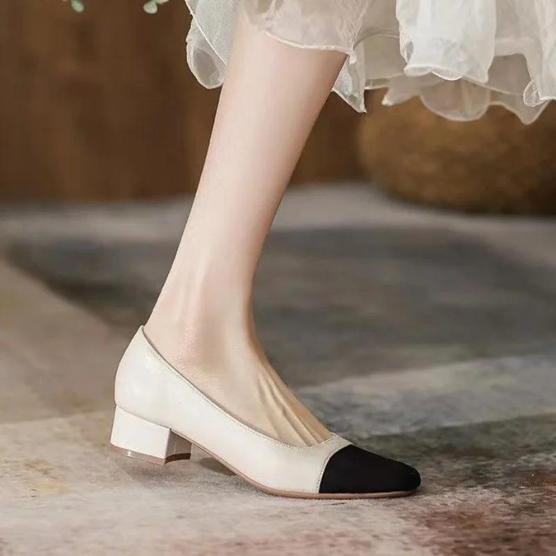 Брендовые черные и бежевые туфли-лодочки из кожи в стиле пэчворк для женщин с толстым каблуком, модельные туфли с квадратным носком, туфли-лодочки Tacones с неглубоким носком и низким каблуком для женщин