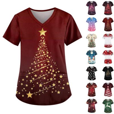 Рабочая форма больших размеров с принтом, топы для женщин, забавные футболки с v-образным вырезом и короткими рукавами, рабочая одежда, футболка с карманами