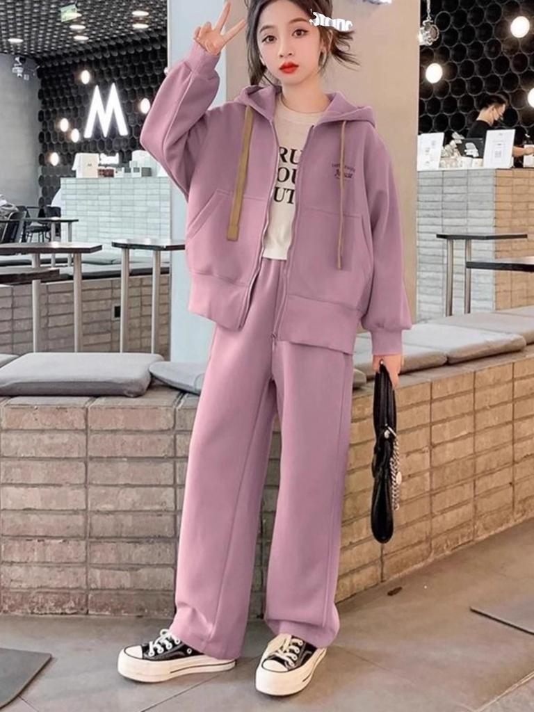 Осенний спортивный комплект для девочек: Худи и брюки широкого кроя, двухпредметный комплект