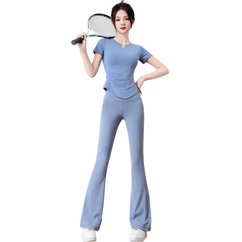 Женский комплект для йоги и пилатеса с высокой талией 2025: Брюки клеш и тренировочный топ