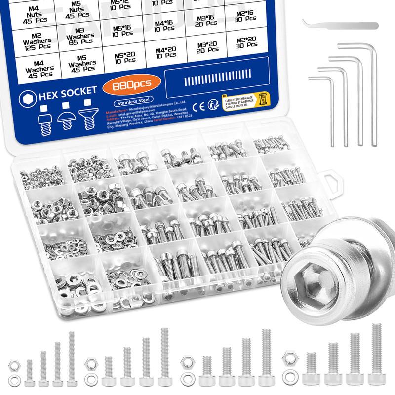 880 Metric Bolt Assortment M2 M3 M4 M5 Stainless Steel Screws Nuts and Washers 8mm-20mm Hex Socket Head Cap Machine Screw Silver
