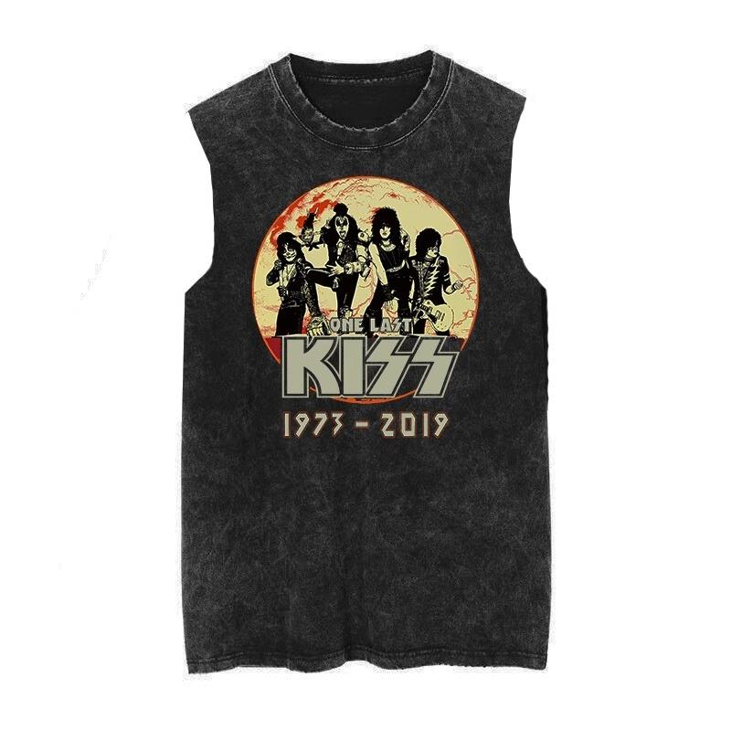 American Vintage Washed Cotton Kiss Band Men Women New Loose Vest Retro Fashion Trend Sleeveless T-shirt Tank Tops