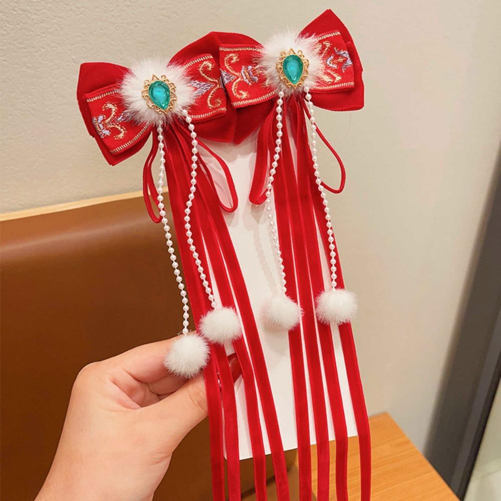Ancient Style Children's New Year Hairpin Princess Wig Braid New Year Bow Hairpins Plush Ball Ribbon Tassels