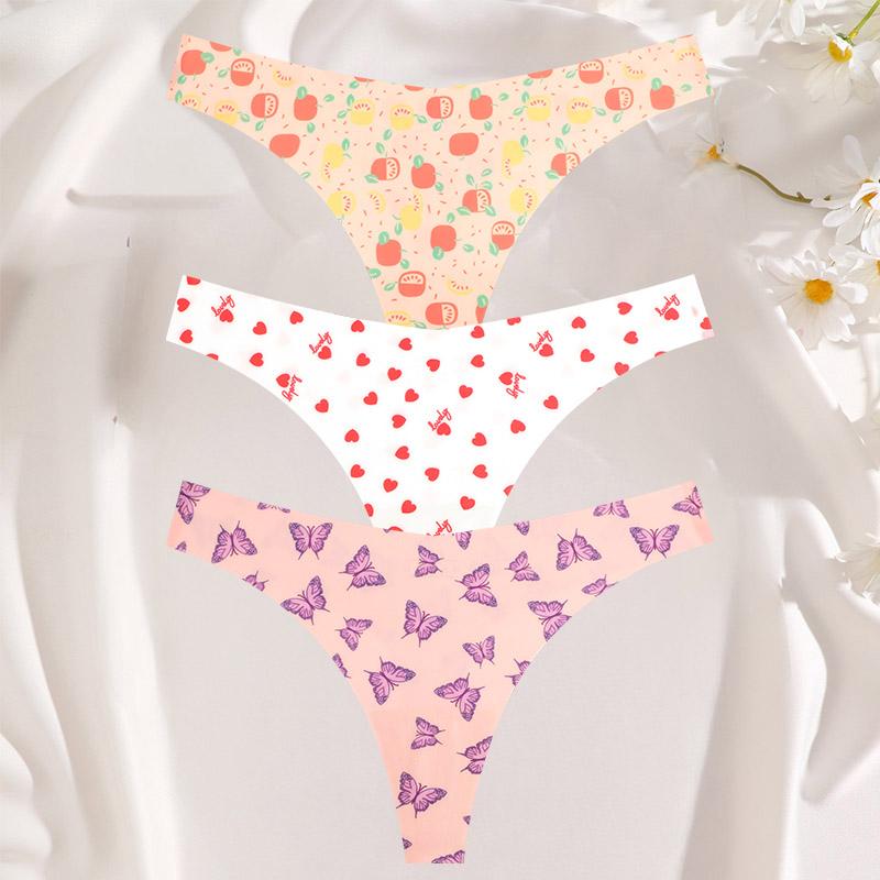 FINETOO 3 шт./компл. сексуальные стринги для женщин из ледяного шелка, цельные бесшовные трусики для девочек, свежее нижнее белье с низкой талией и принтом