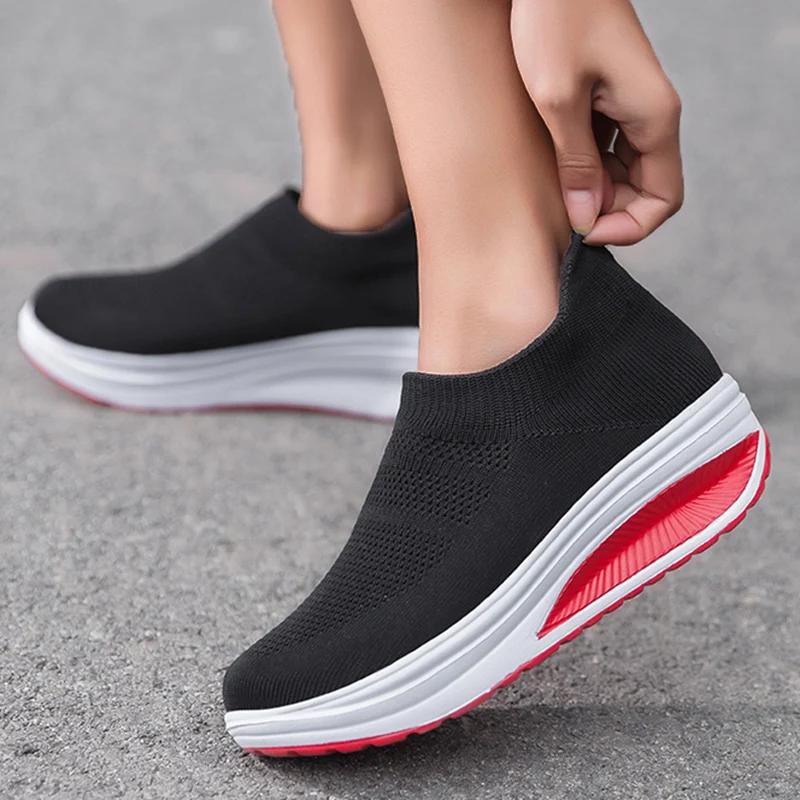 Fashionable Casual Shoes 2024 New Mesh Breathable Versatile Wedge Heel Solid Color Temperament Vulcanized Women's Shoes Sneaker