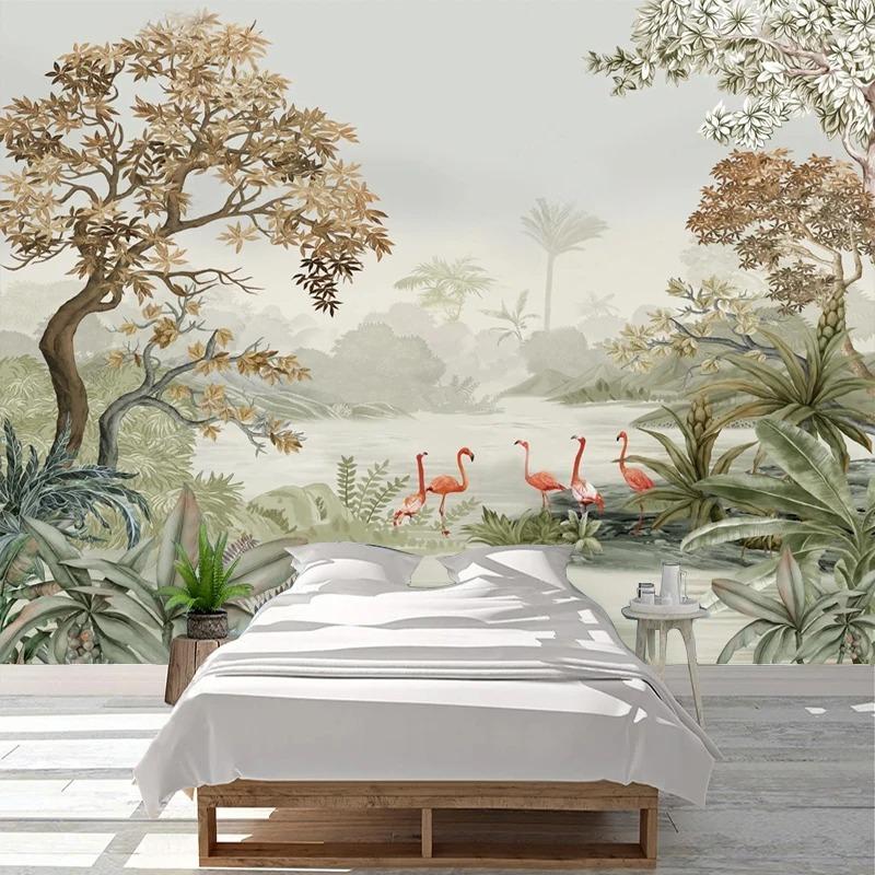 Nordic Wallpaper Tropical Forest Flamingos Mural Гостиная Спальня Диван Фон Фреска Домашний Декор