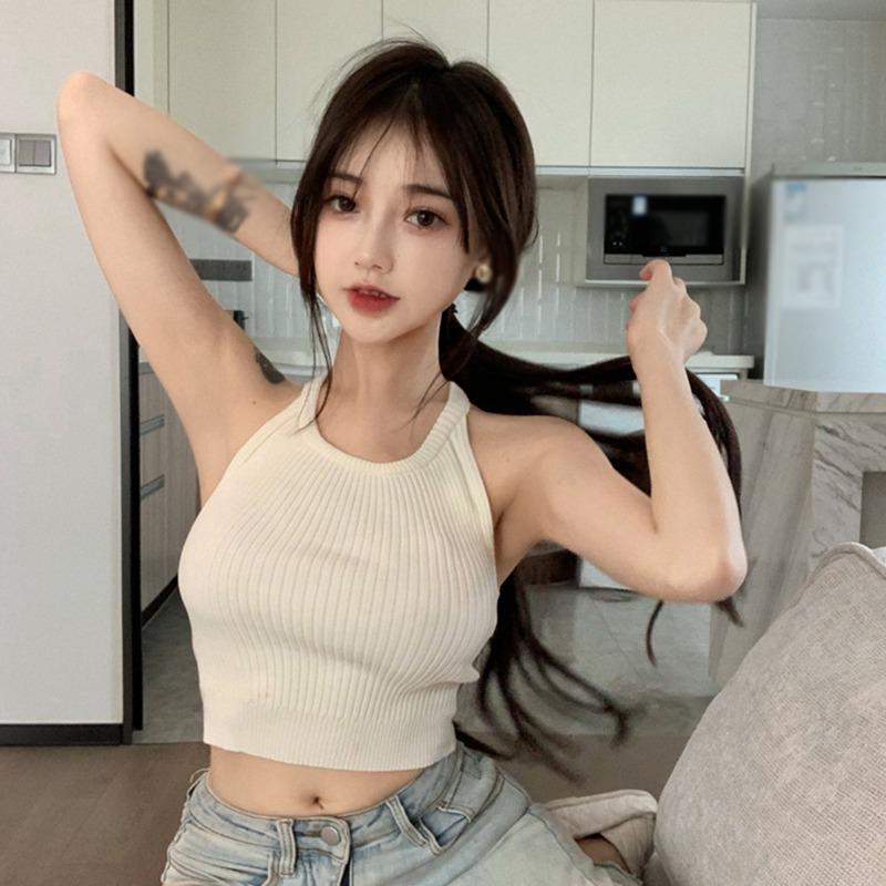 Женская камзол с воротником на шее, легкий укороченный топ, футболка без рукавов, майка, однотонная повседневная базовая рубашка