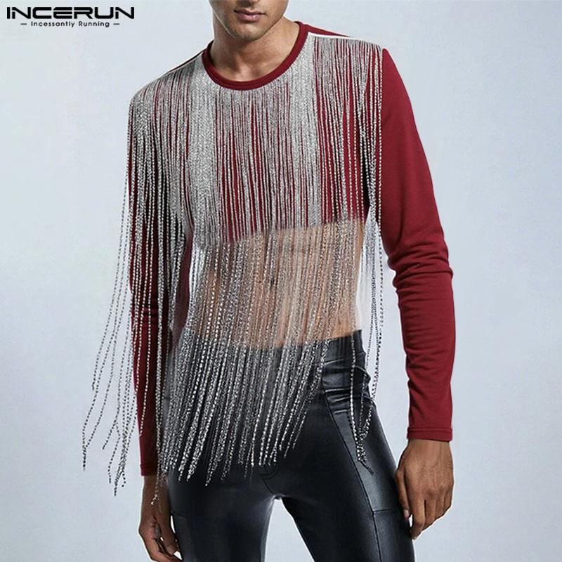 INCERUN Мужские футболки с круглым вырезом, кисточками спереди, в стиле пэчворк, с длинным рукавом, повседневные, укороченные