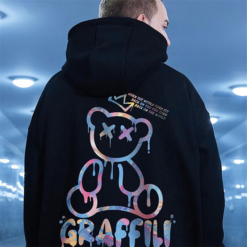 High Street Graffiti Bear Print Men's Fleece Hoodie Retro Autumn Casual Pullover Hooded Sweatshirts Hip Hop Y2K Hoodies Clothes