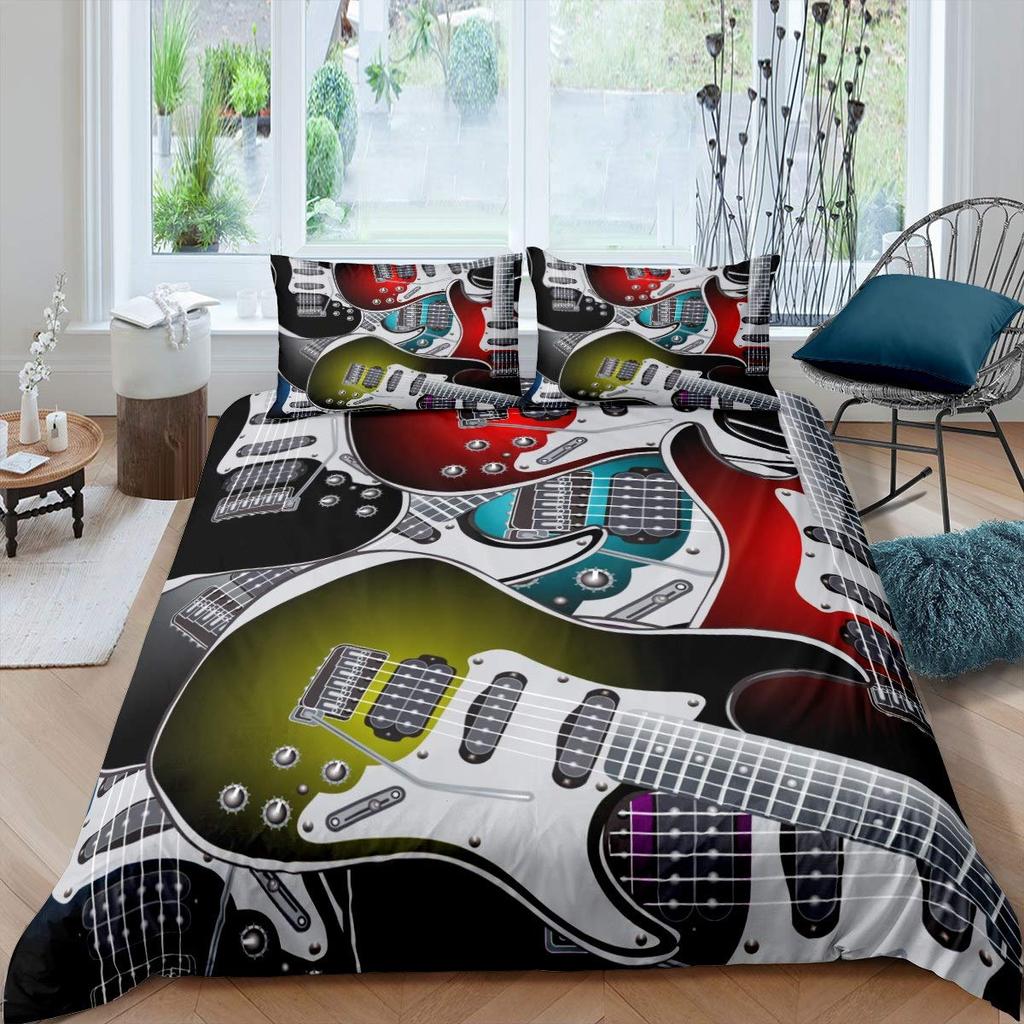Guitar Duvet Cover Set Music Theme Bedding For Teens Microfiber Vintage Grey Guitar On Wooden Floor Quilt Cover Queen King Size