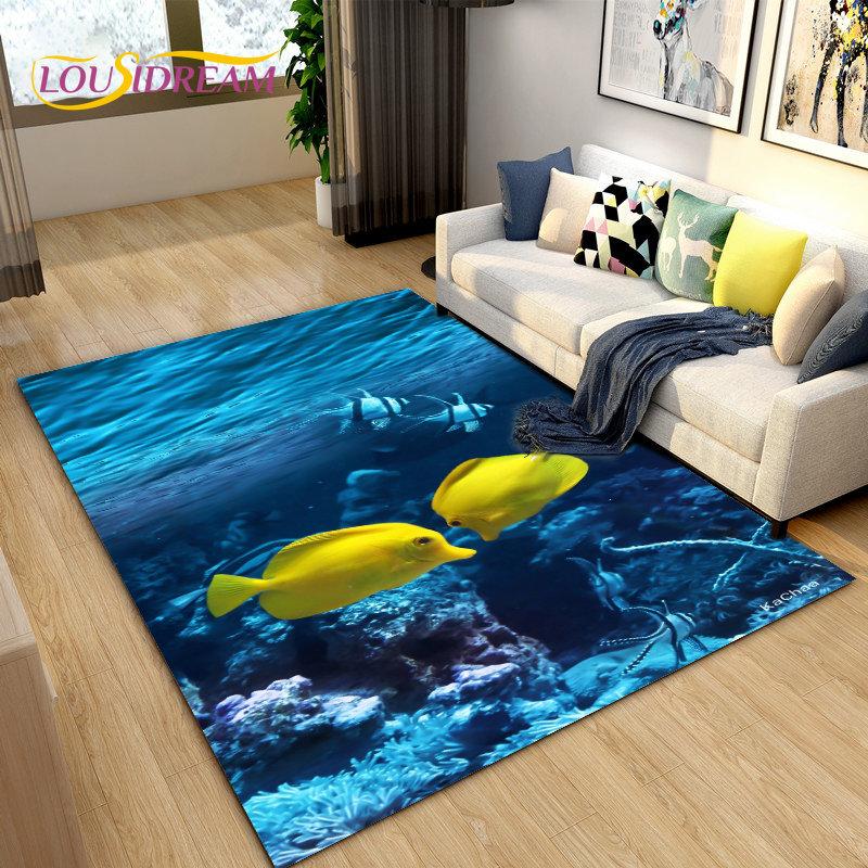 Подводный мир Морское дно Рыба Дельфин Коврик Большой, Коврик для гостиной Спальня Диван Коврик Кухня, Нескользящий напольный коврик