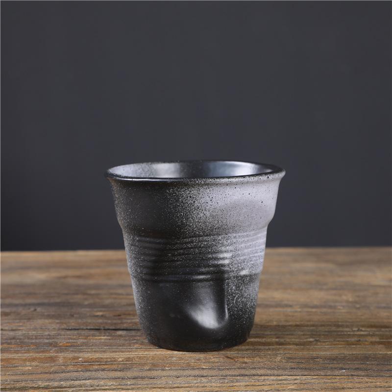 Creative Hand-Squeezed Ceramic Cup Retro Pleated Cup Coarse Pottery Imitation Paper Cup Irregular Coffee Cup Niche Mug