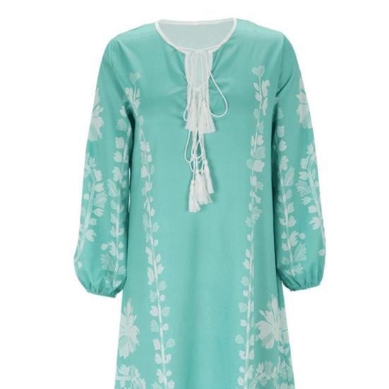 Summer Women Dress Deep V Neck Tassel Long Sleeve Retro Bohemian Style Oversized A-line Flowy Hem Floral Print Vacation Beach Maxi Dress