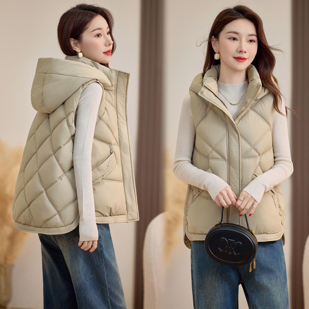 New Lingge Autumn and Winter Women's Lightweight Sleeveless Vest Hooded Solid Color Thickened Warm Sports Casual Loose Lightweight Jacket