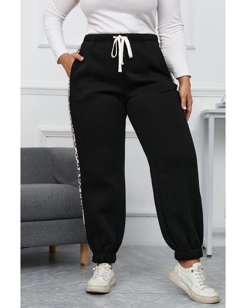 Azura Exchange Black Plus Size Contrast Leopard Side Panel Joggers
