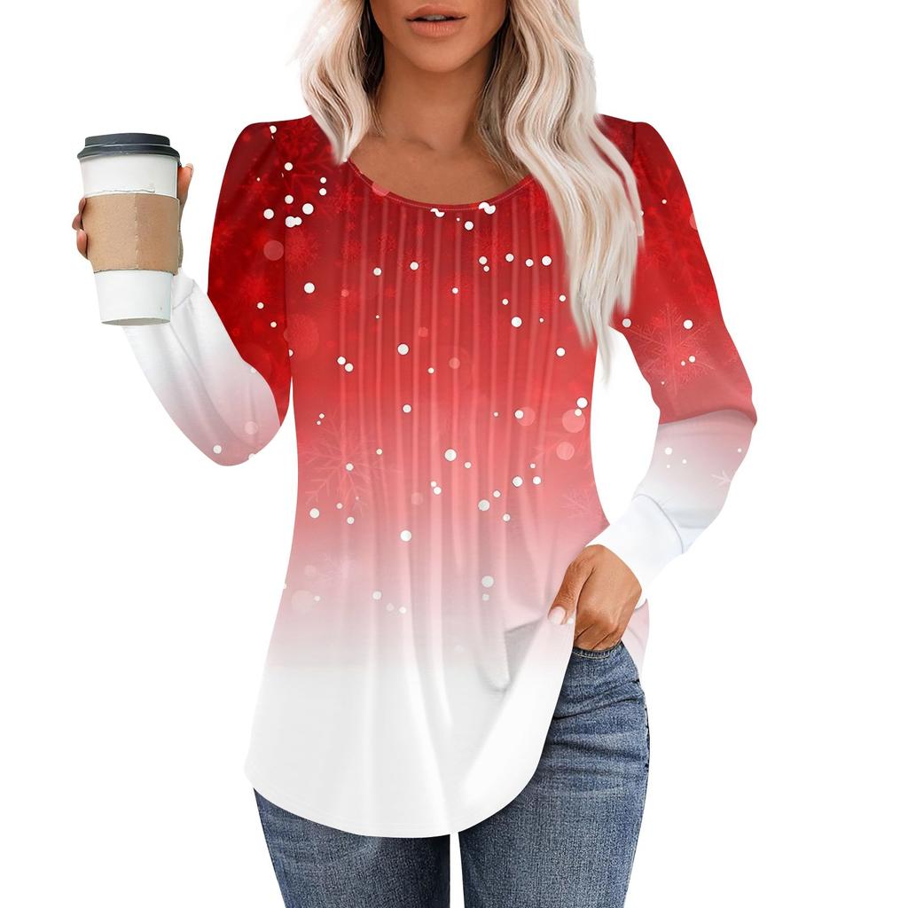 Рубашки с длинным рукавом для женщин, топы, нарядные повседневные блузки с рождественским принтом, плиссированные туники с круглым вырезом