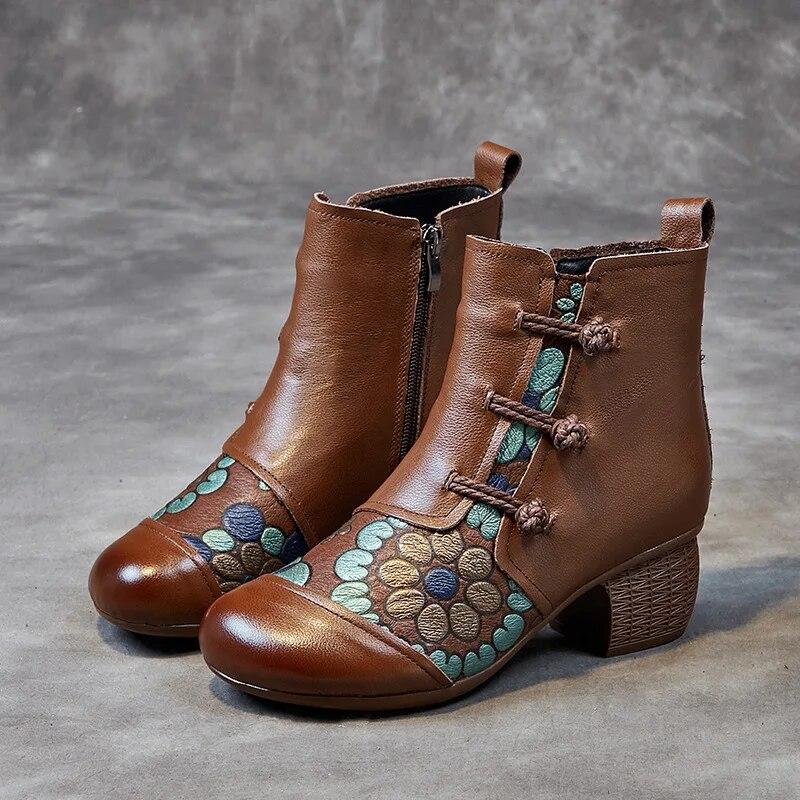 Johnature Ethnic Style Winter Warm Short Boots Genuine Leather Thick Heel Soft Sole Retro Printed Women's Shoes