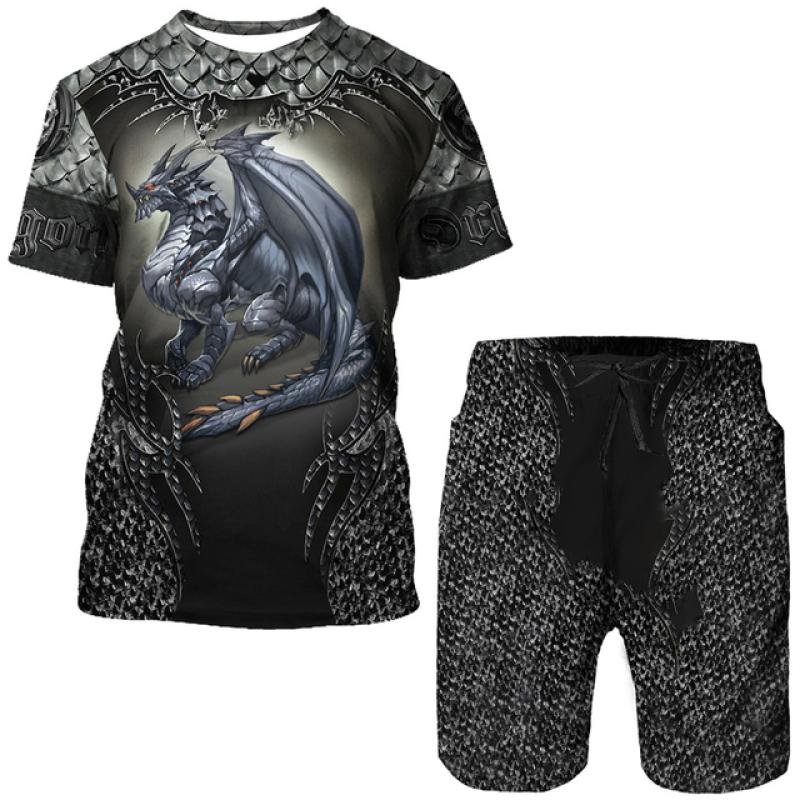 Мужская футболка/костюм с 3D принтом Flying Dragon Totem Art, летний крутой топ с короткими рукавами + шорты, комплект, готический спортивный костюм в стиле хип-хоп