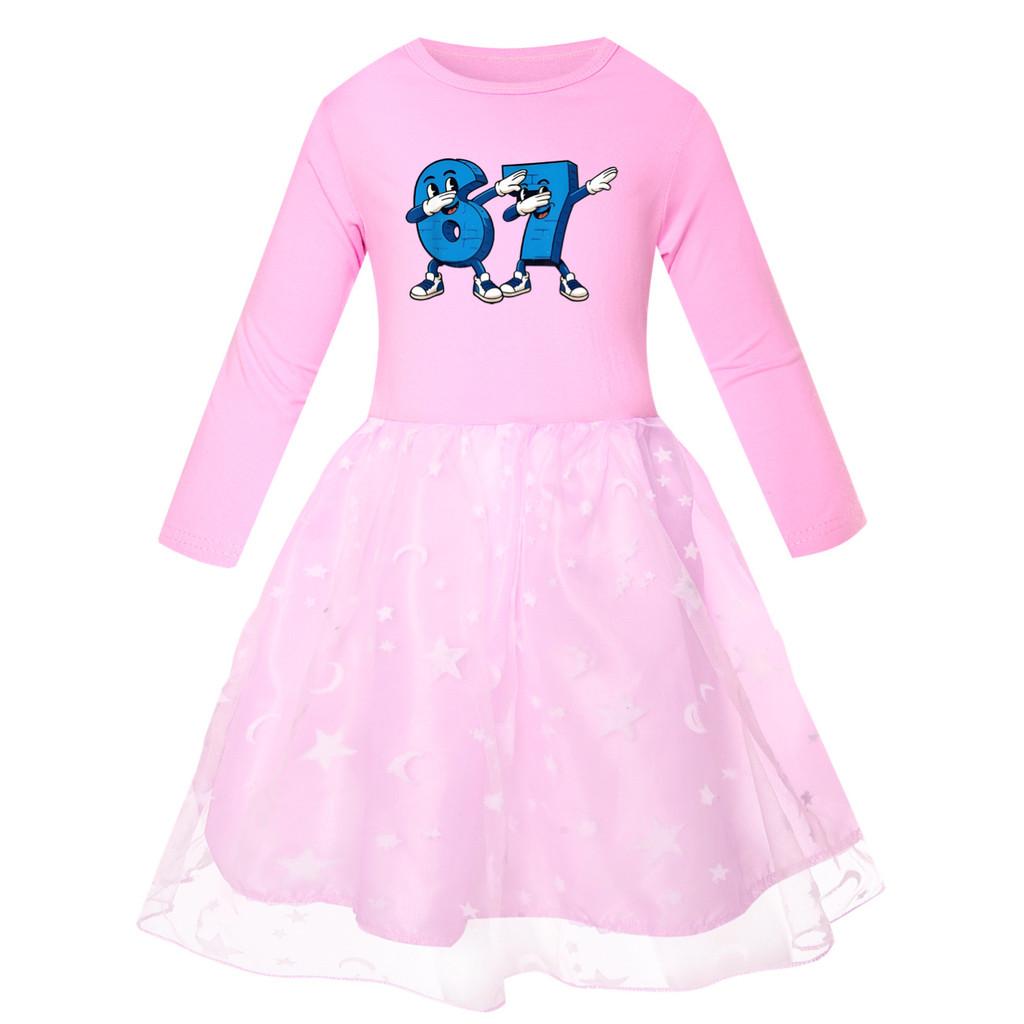 5226 Детское платье для девочек Steal a Brainrot 67 Six Seven с принтом, сетчатой тканью, радужным круглым вырезом, повседневное, из хлопка