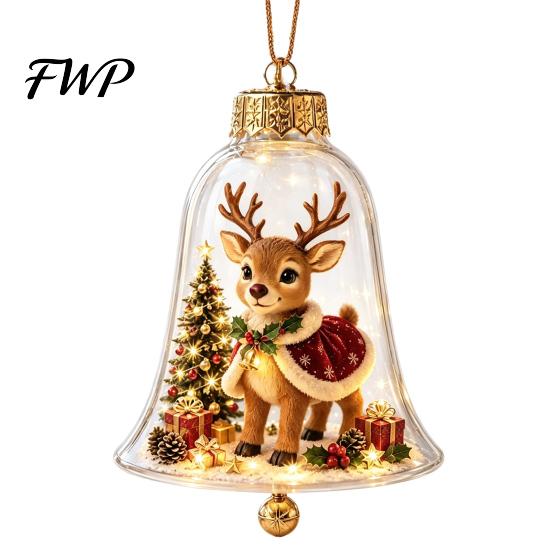 Clear Acrylic Christmas Ornaments 3D Bell Ornament, Winter Scene Decoration with Santa Immersive Wonderland Snowman Reindeer Angel Tree Inside