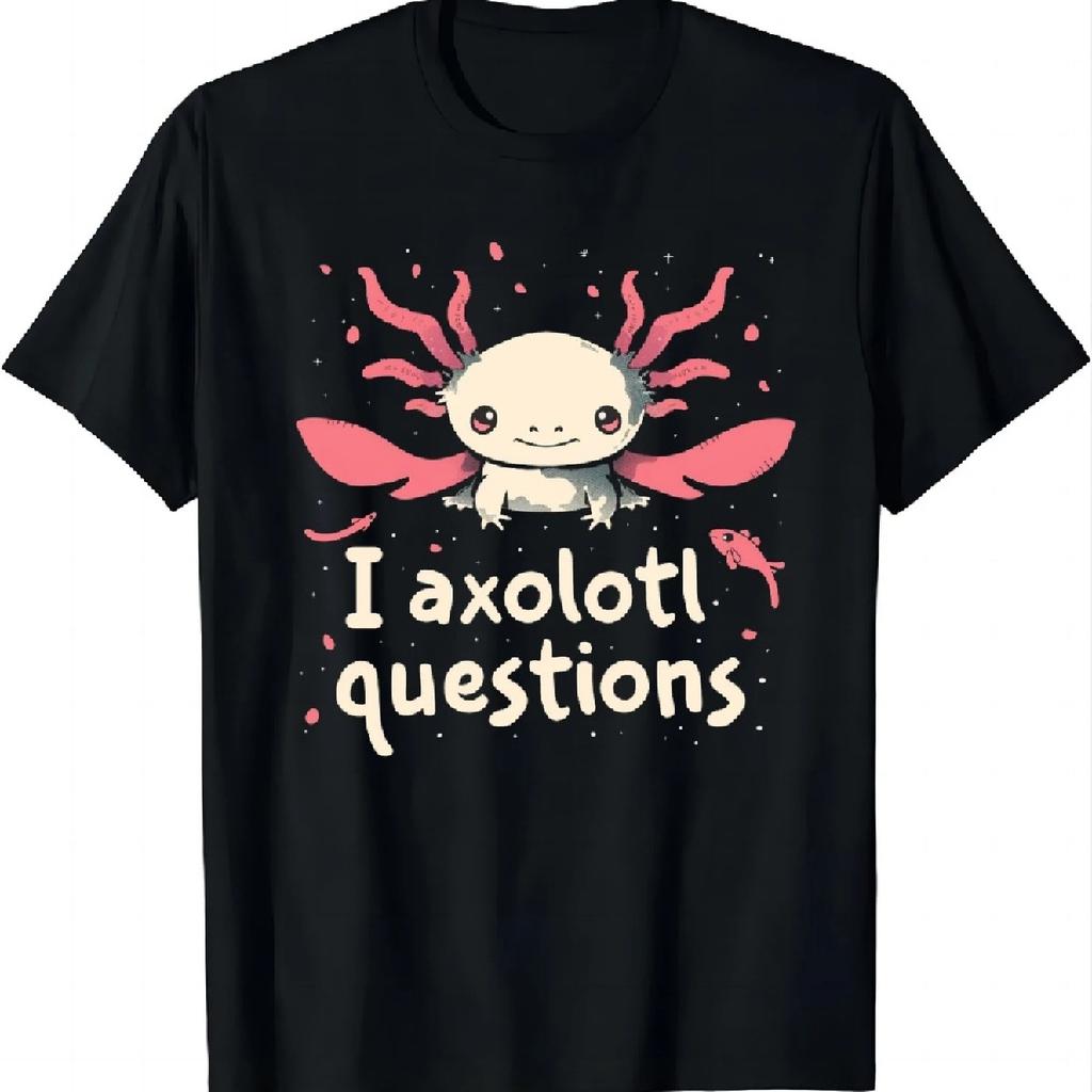 Black Tee with Adorable Axolotl - Funny Questions for A Laugh T Shirt Graphic T Shirts Mens Clothes Tops Streetwear