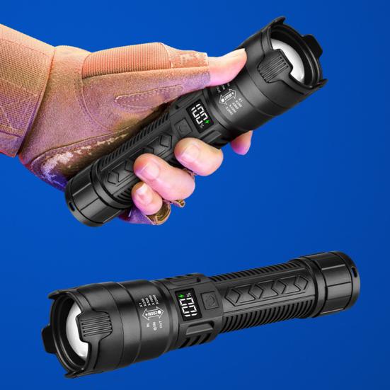 Rechargeable Zoomable Flashlight with Digital Power Display Waterproof LED Flashlight High Brightness Torch for Outdoor & Emergency Use