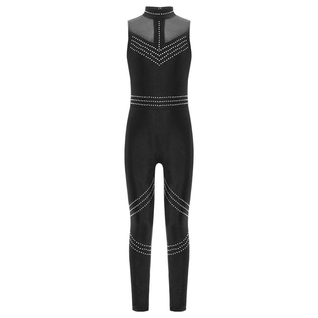 Girls Sleeveless Mesh Patchwork Jumpsuit Full Body Shiny Rhinestone Leotard for Figure Skating and Dance