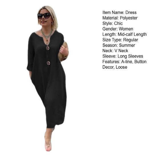 Женское платье с v-образным вырезом и пуговицами, декор с длинными рукавами, свободное однотонное платье размера плюс до середины икры, простой стиль, повседневное платье миди