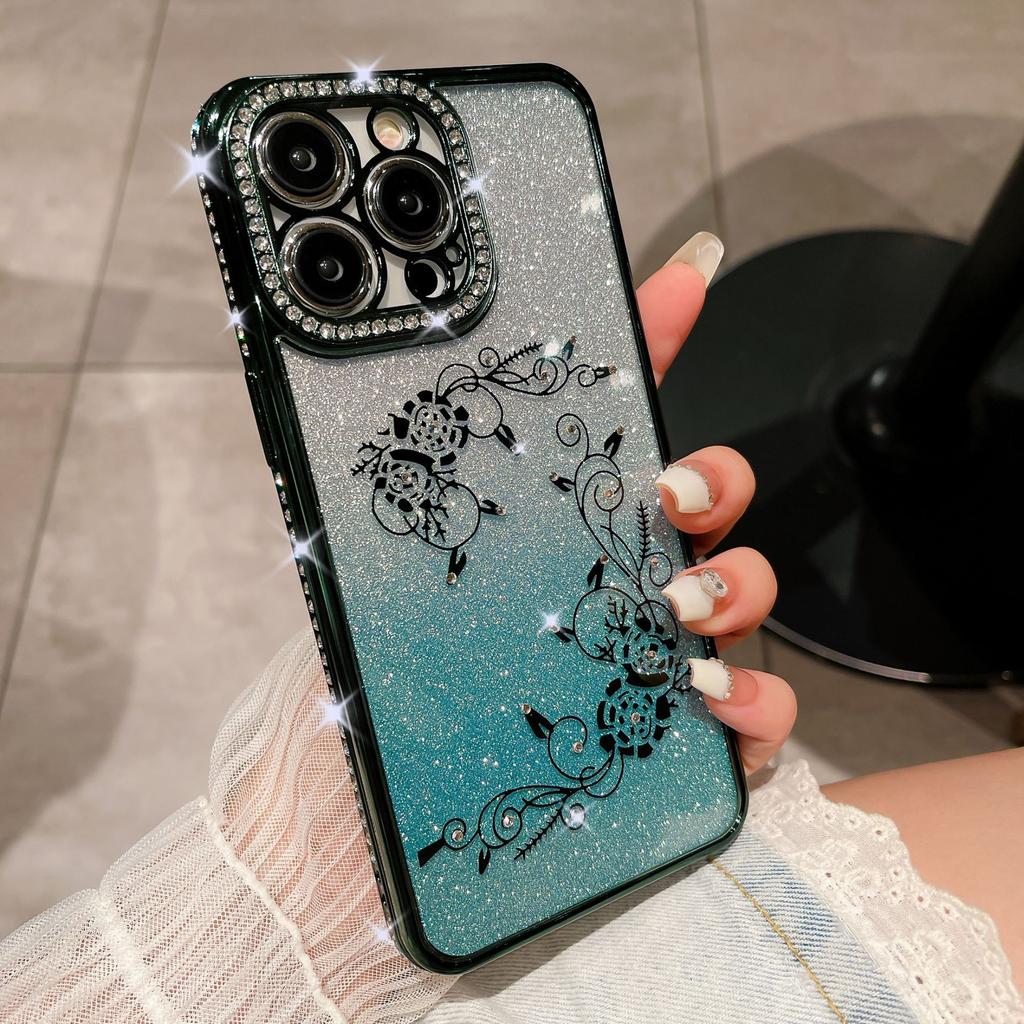 Подходит для iPhone15PRO, чехол для мобильного телефона с постепенным изменением цвета, стразы, роза, чехол для Apple 14, гальванический защитный чехол TPU13