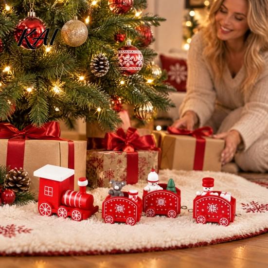 Xmas Tree Ornament Sets Wooden Christmas Train Decoration, Painted Mini with Snowman Seasonal Interior Home Accessories Bear, Holiday Tabletop Mantel