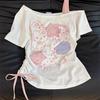 Белый топ с открытыми плечами и принтом Hello Kitty с розовой клетчатой бретелью и боковой завязкой