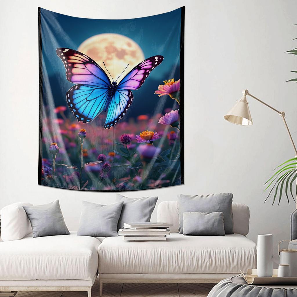 Fluttering Butterflies Under Moonlight Ethereal Landscape Tapestry for Home Wall Decoration