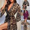 Lady Nightgown with Adjustable Waist Ties Leopard Print V Neck Cardigan Three Quarter Sleeves Satin Homewear Nightgown Bedroom Bathroom Sleepwear