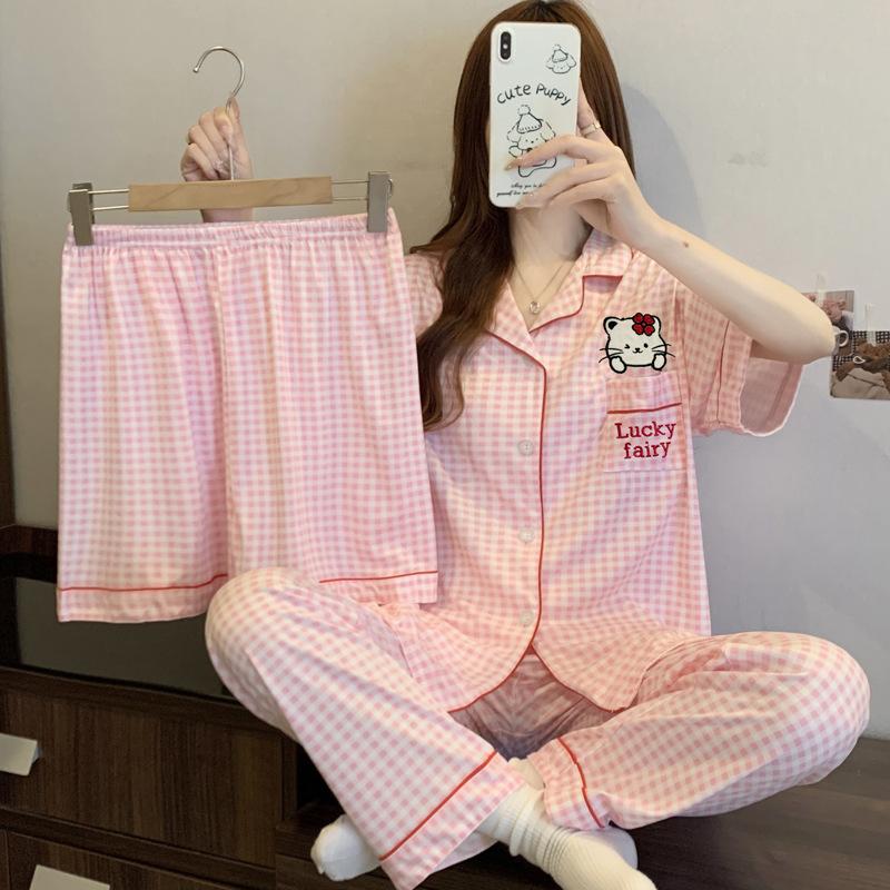 Three-piece pajamas women's summer new retro plaid short-sleeved imitation cotton loungewear niche casual can be worn outside