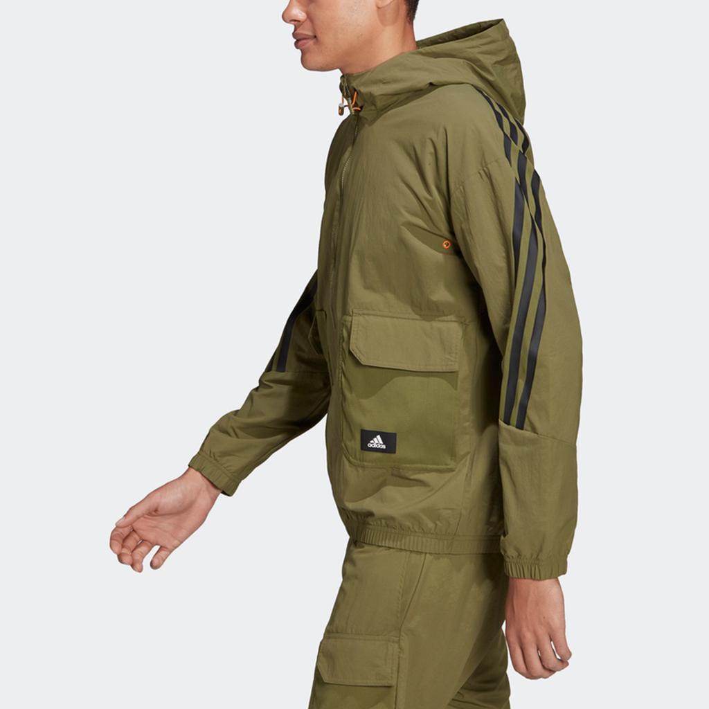 Adidas Sports-Style Striped Hooded Jacket Men Outerwear Army-Green H65369
